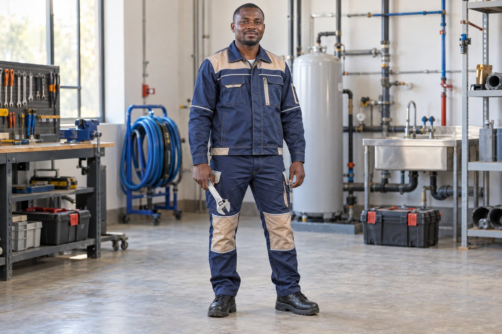Plombier portant une veste et un pantalon de travail bleu marine et sable