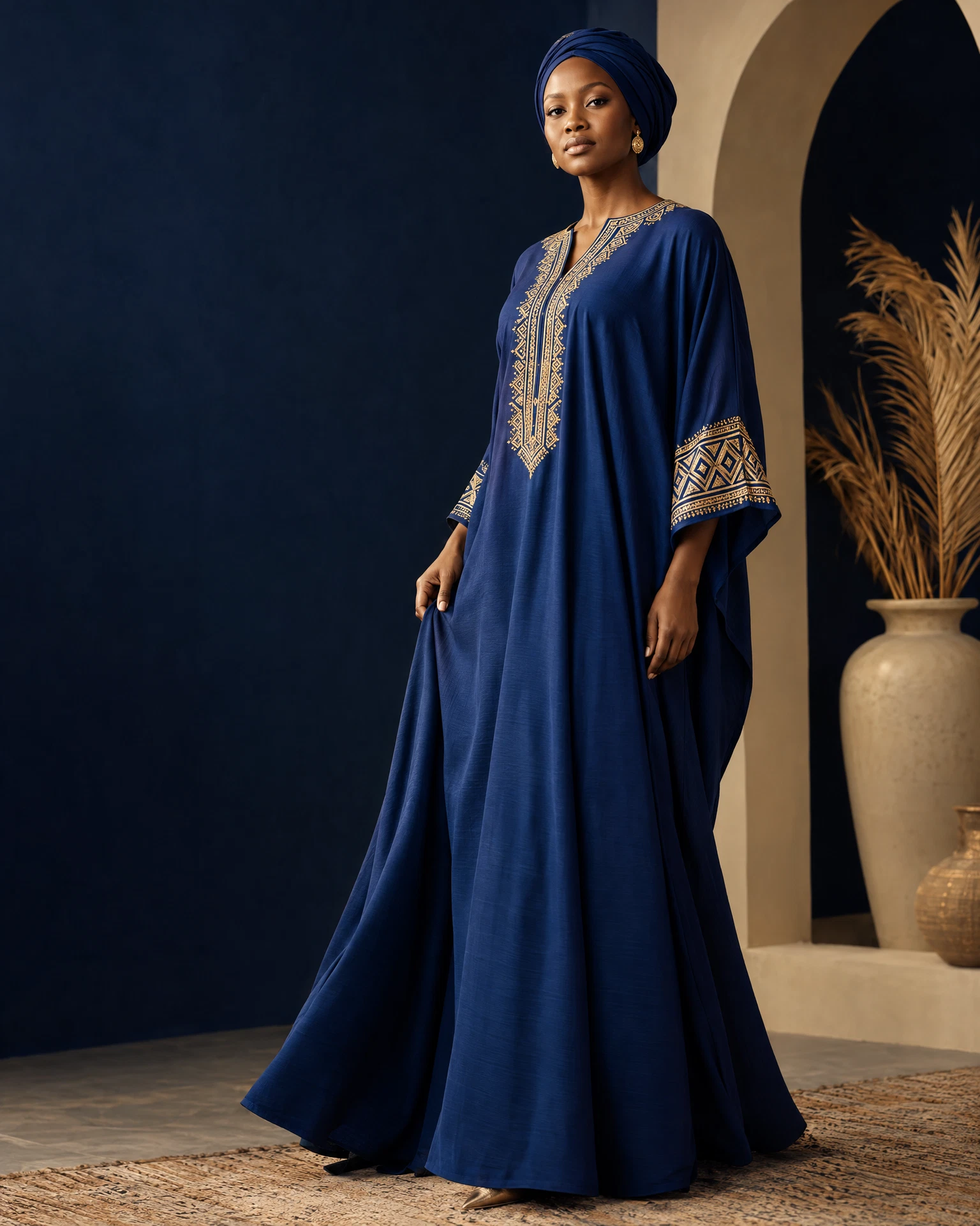 Modèle portant une robe Kaptani bleu saphir aux détails dorés