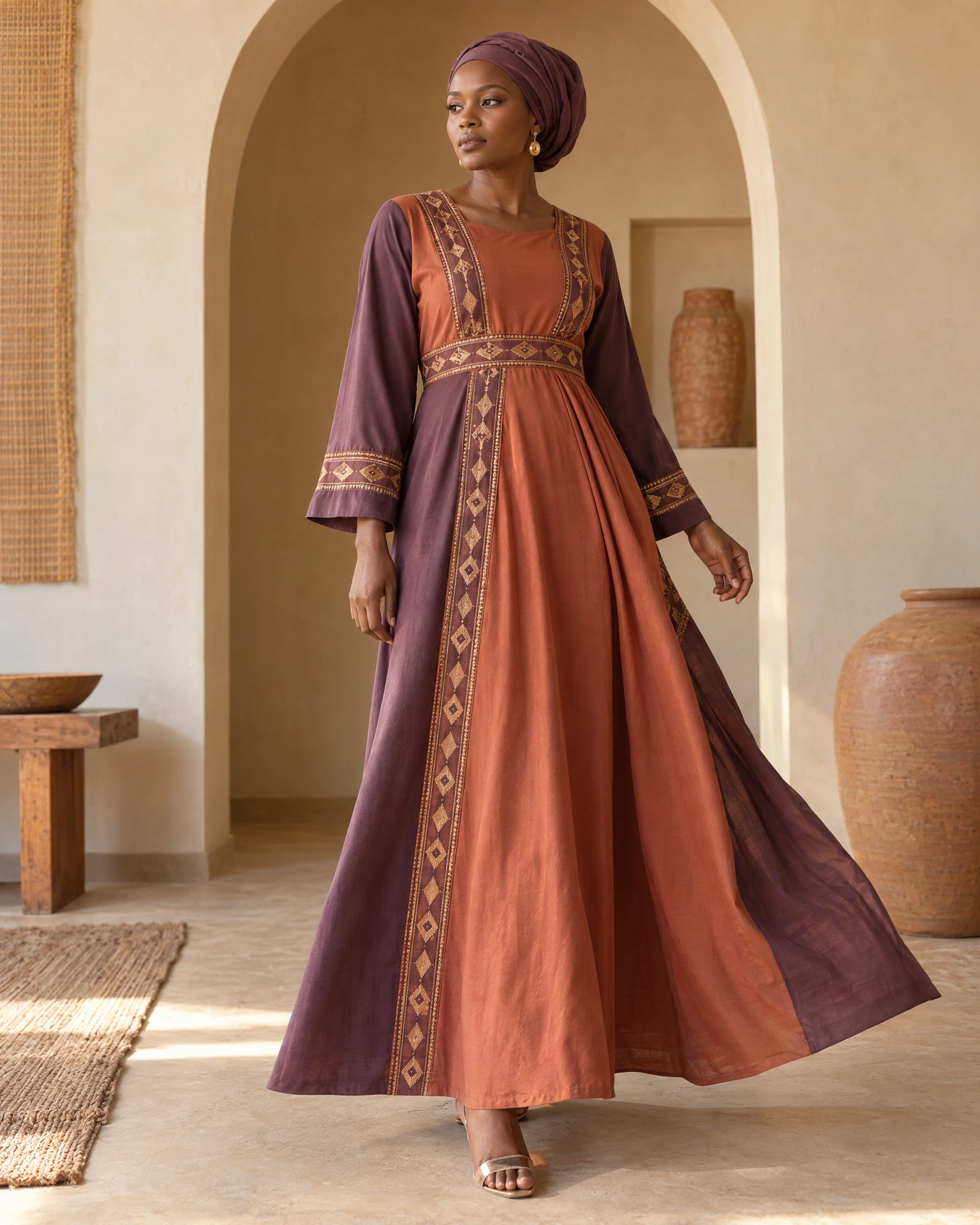 Modèle portant une longue robe terracotta et prune d’inspiration sahélienne