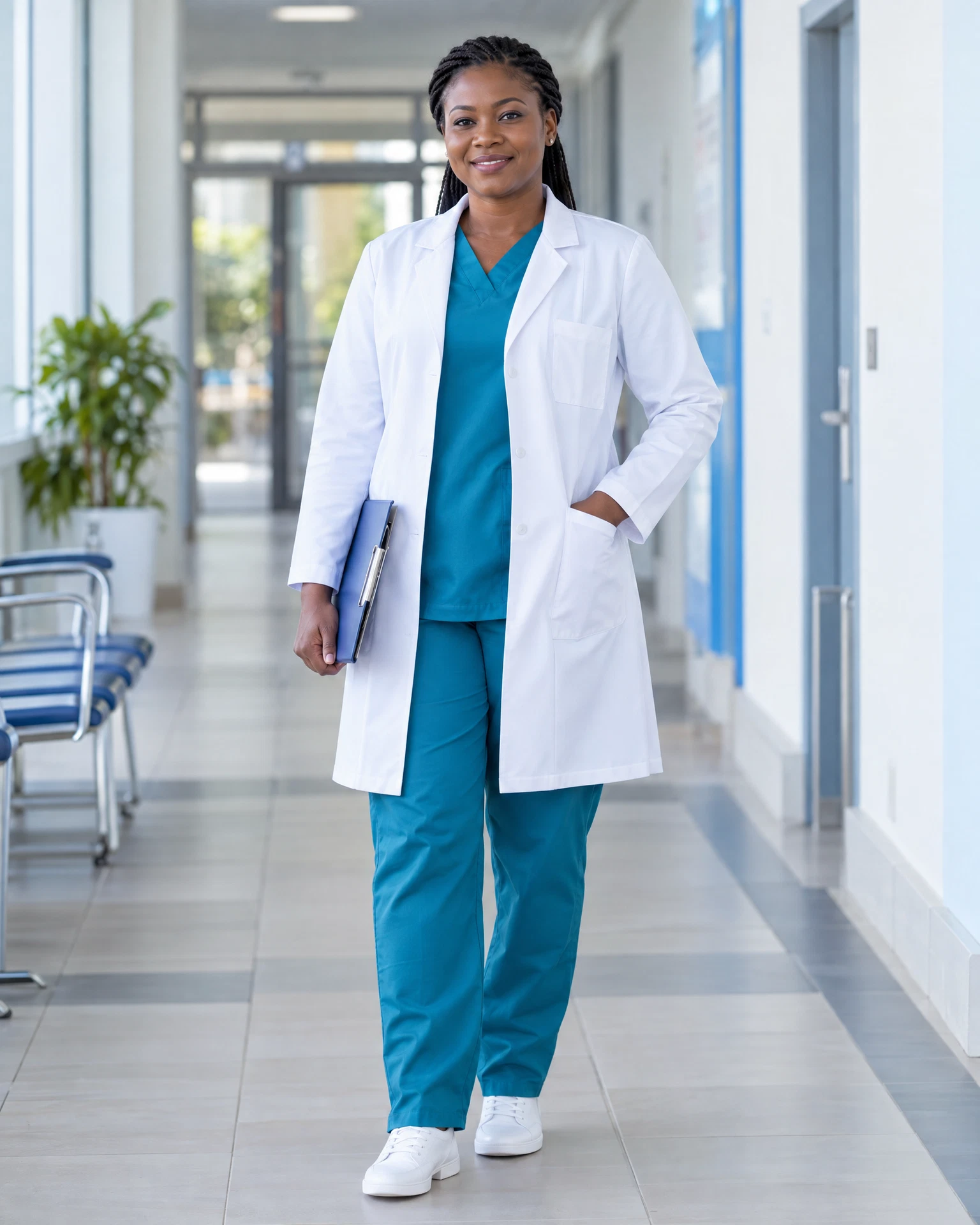 Modèle présentant une blouse médicale blanche