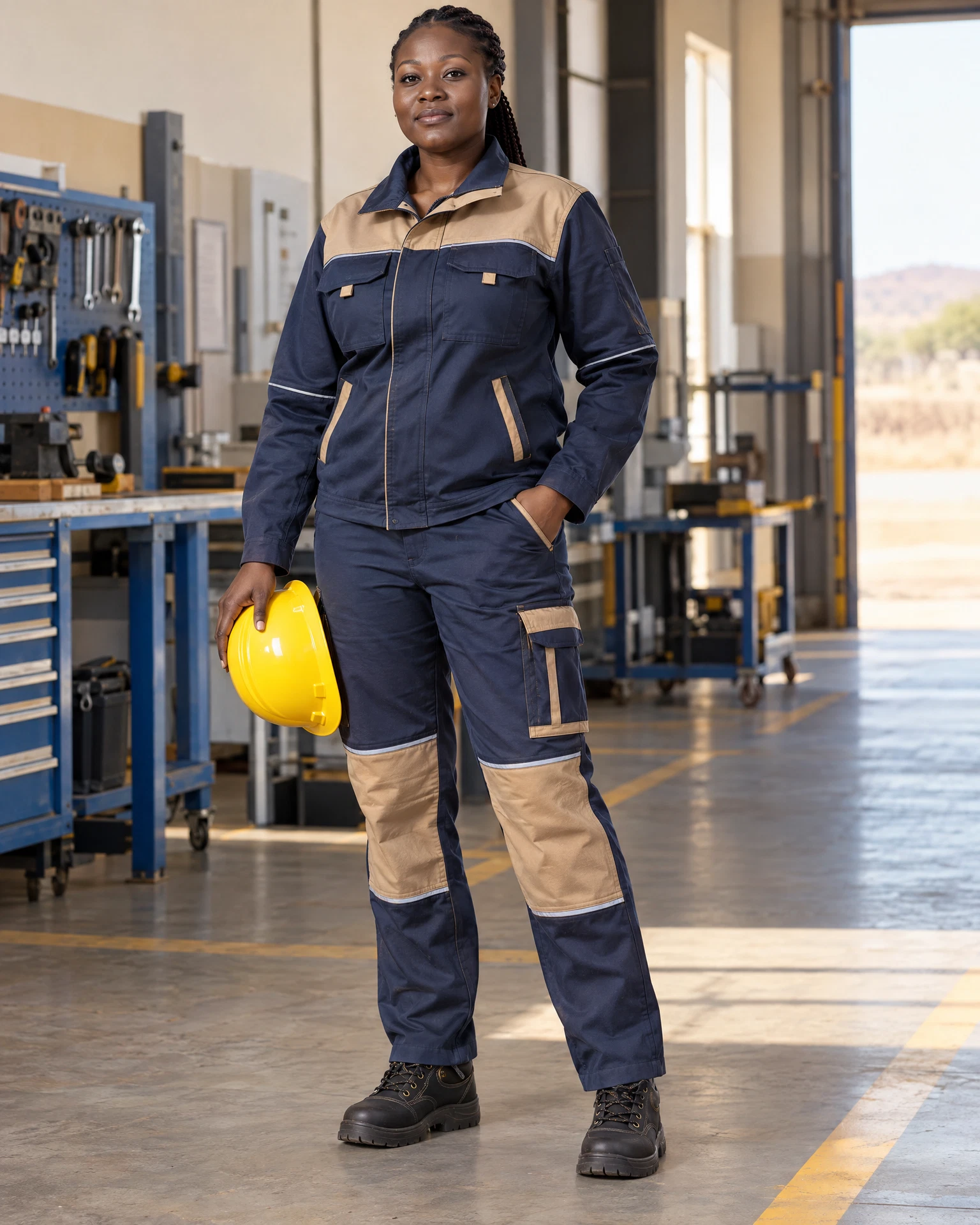Modèle présentant une tenue de travail bleu marine et sable